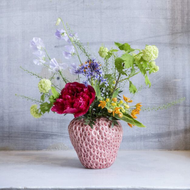 Strawberry Vase Pink with Seasonal Flowers