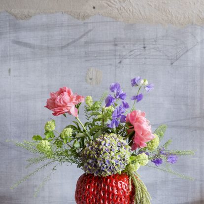 Strawberry Vase Red with Seasonal Flowers