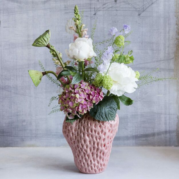 Strawberry Vase Pink with Seasonal Flowers